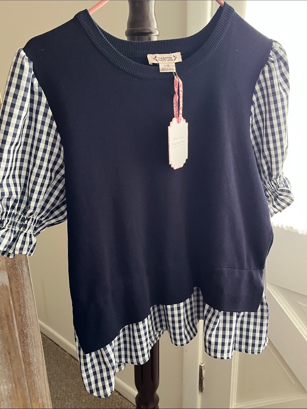 Nanette Lepore Navy Knit Top with Pink Tag Detail